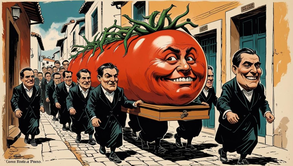 Political cartoon illustration of a mock funeral procession for tomatoes in Buñol, Spain. Villagers dressed in black carry a tomato-shaped coffin through narrow streets, mourners fake-crying while secretly grinning.