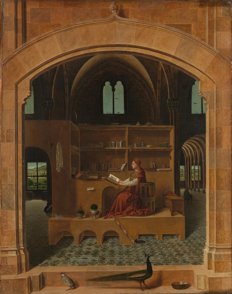 Saint Jerome in His Study by Antonello da Messina, c. 1474. The painting depicts human, natural, and divine knowledge, and is filled with architectural qualities.