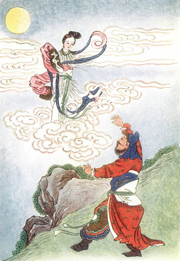 Chang'e Flies to the Moon painting by Werner, E.T.C. as her husband Houyi watches