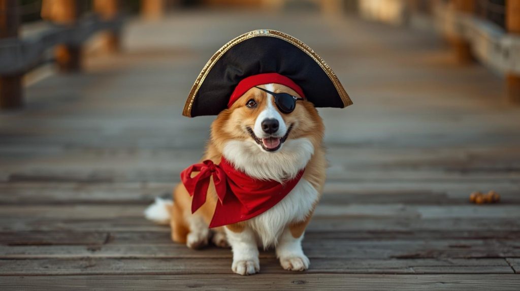 A cute corgi dressed in a pirate costume complete with a classic tricorn hat, a vibrant red bandana, and a small eye patch is sitting on a weathered wooden deck in warm, golden hour lighting.