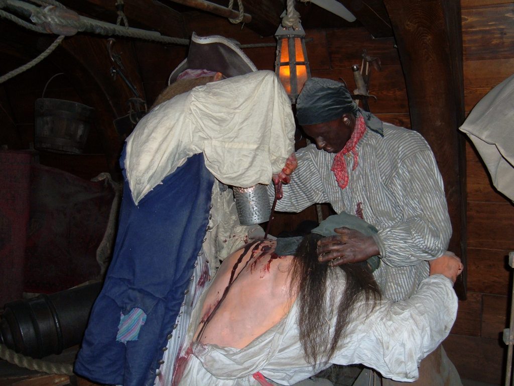 A mockup of the lower deck of a 1716 pirate ship at the Pirates of Nassau museum in Nassau, The Bahamas