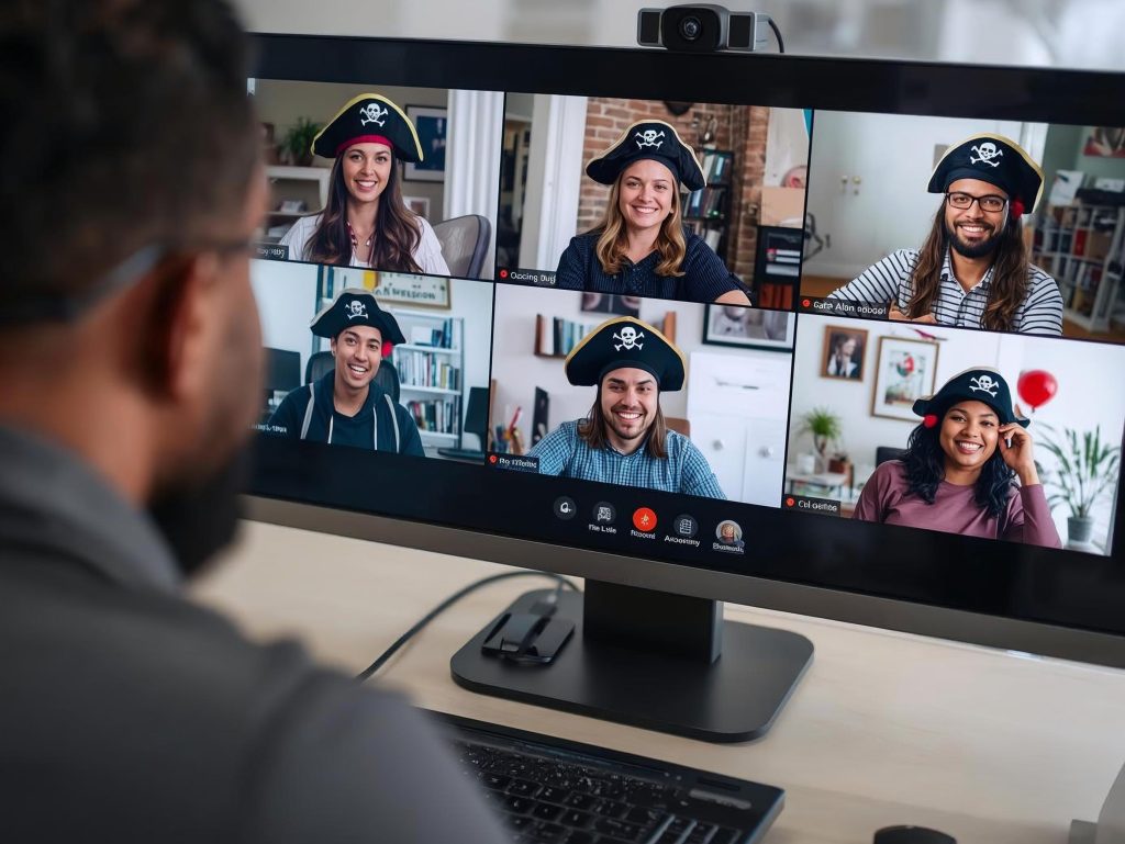 An African American male is participating in a video conference call with colleagues, all of whom are wearing pirate accessories visible on their webcam feeds. The split screen displays multiple remote employees in their home offices, each adorned with pirate hats. Their laptop screens showcase a virtual meeting with vibrant, pirate-themed backgrounds, depicting a modern remote work celebration.