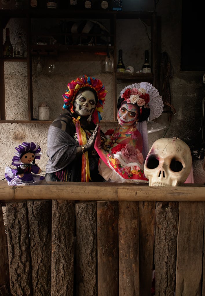 Colorful portrait capturing Día de los Muertos in Mexico City with traditional Catrina makeup.