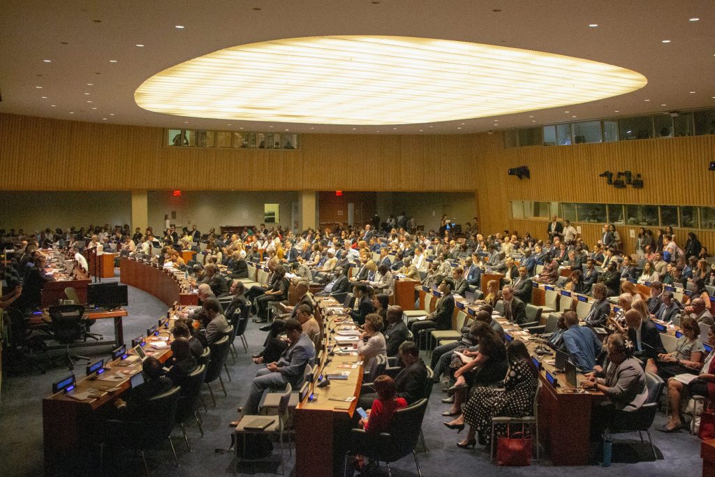 Delegates from around the world gather at a UN forum with interpreters in their booths