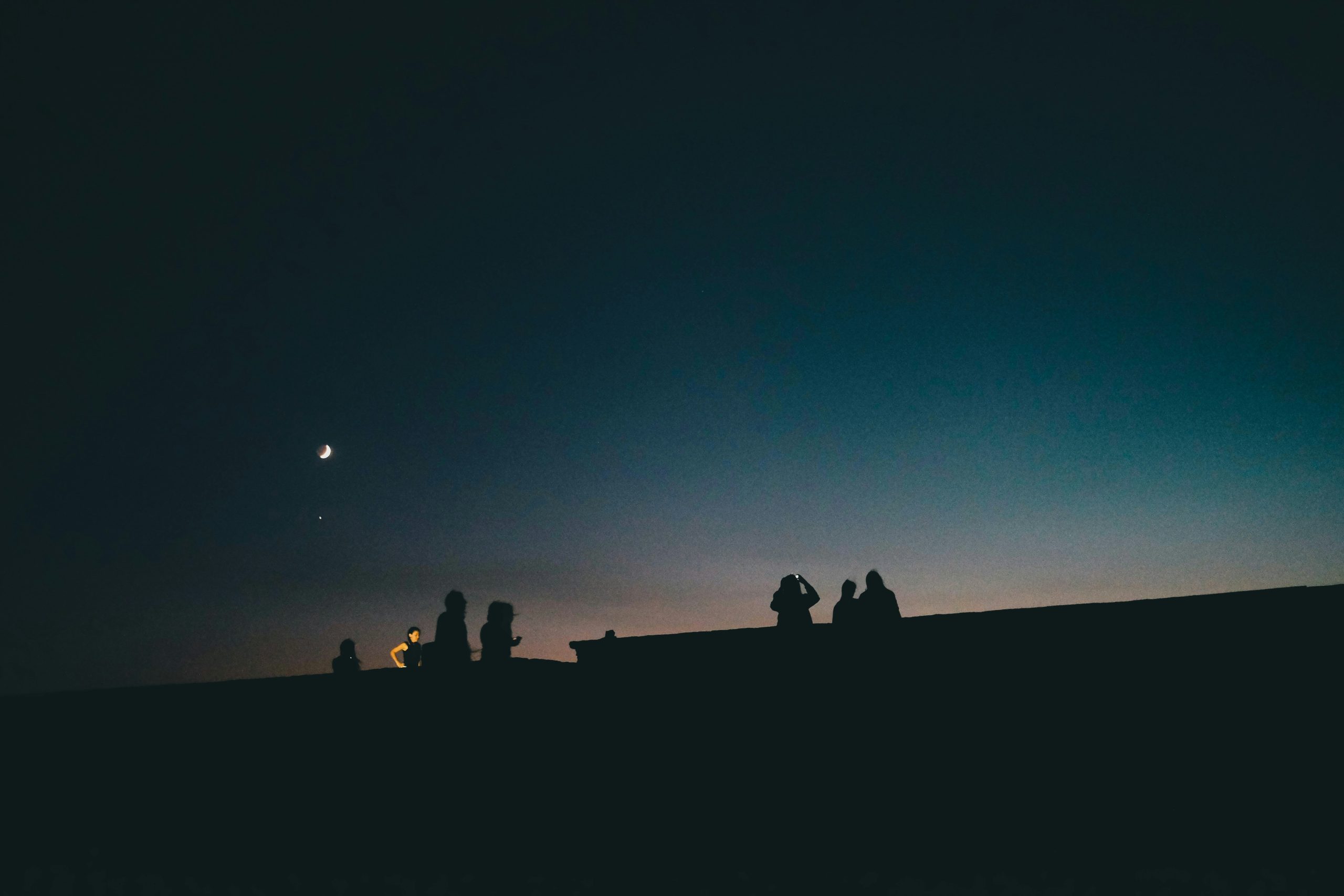 Silhouette of people under clear sky with moon