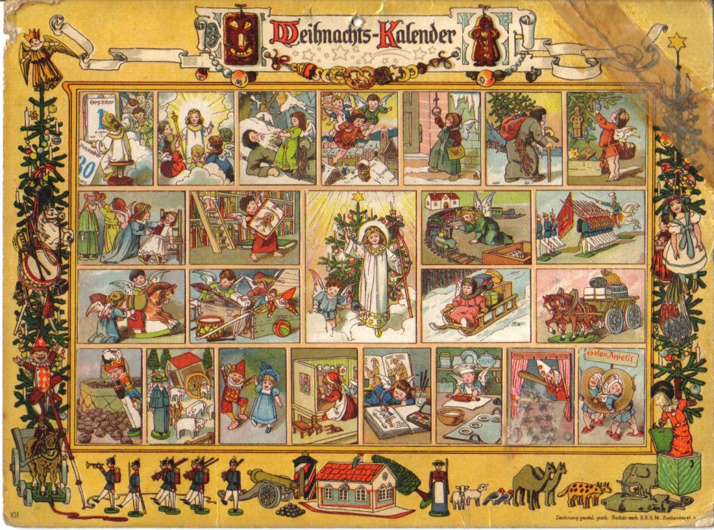 Advent calendar "In the Land of the Christ Child". The windows contained Christmas verses and could be covered with pictures from a cut-out sheet. A completely covered example. Published by Gerhard Lang in Munich. Date 1903 (Nachdruck von 1915)