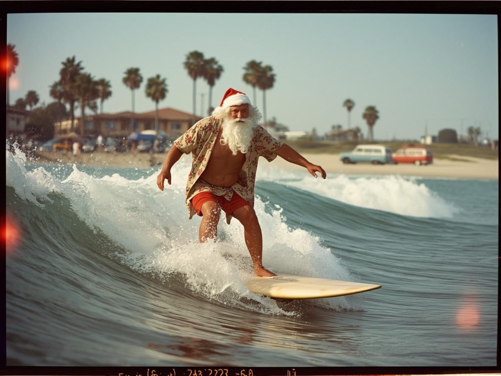 Santa Claus surfing. Santa is wearing faded red board shorts and an unbuttoned vintage Hawaiian Christmas shirt adorned with holly patterns. He sports his classic white beard. The image features warm analog color grading with a slight orange cast, characteristic of old Kodak film, and exhibits a soft focus with chromatic aberration at the edges. Water droplets catching the afternoon sun create natural lens flares.
