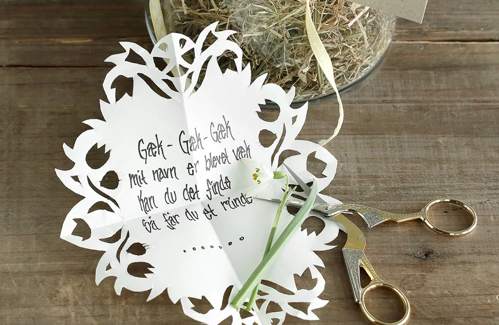 A gækkebrev ("fool's letter" or "snowdrop letter") is a traditional Danish custom where, in the weeks leading up to Easter, people send anonymous, intricate, hand-cut paper letters to friends and family.