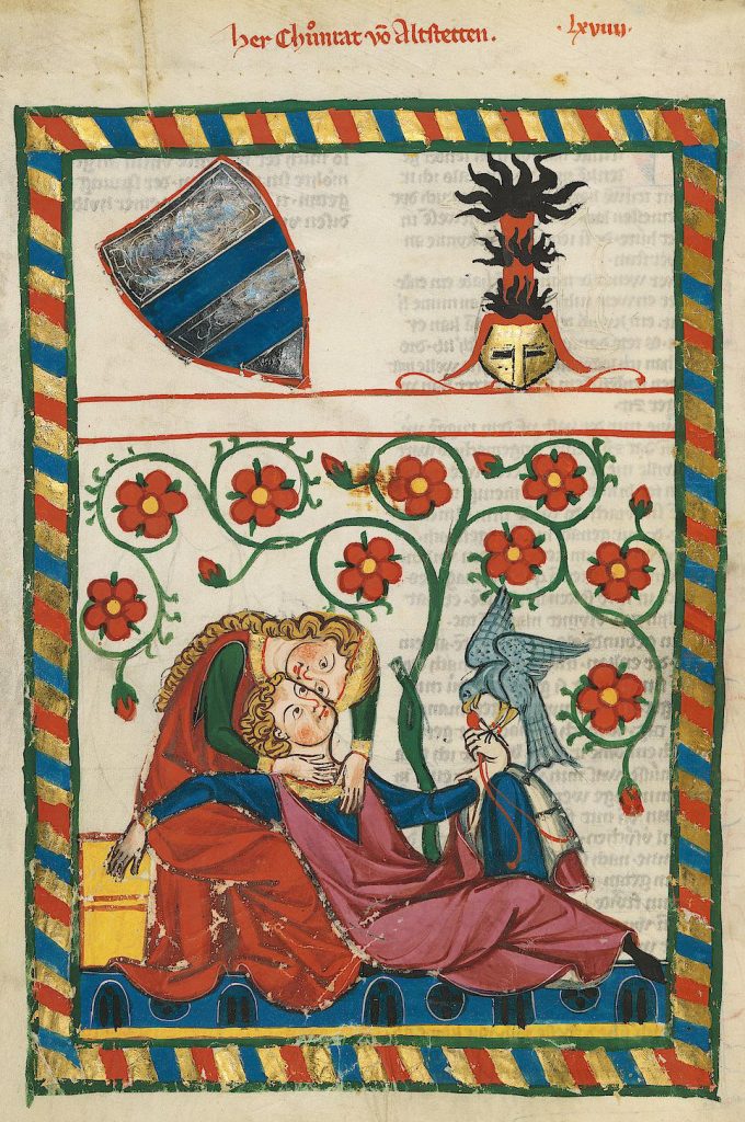 Codex Manesse, Heidelberg University Library, Cod. Pal. germ. 848, fol. 249v: Herr Konrad von Altstetten. The von Altstetten family is documented since 1166 and was based in the Upper Rhine Valley. They were in the service of the Abbot of St. Gallen. The minnesinger in question is likely Konrad von Altstetten, who held the office of steward and was recorded between 1320 and 1327.