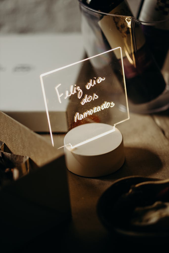 Elegant table decor for Valentine's Day with a glowing acrylic sign reading 'Feliz Dia dos Namorados'.