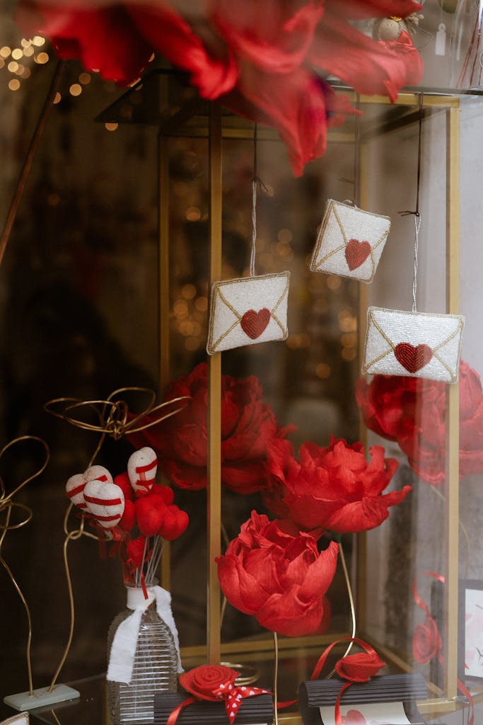 Romantic display with red roses, heart decorations, and love letters in a window.