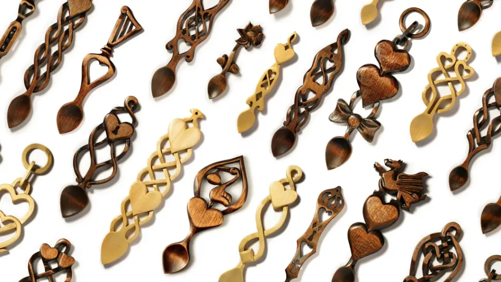 Intricate hand-carved wooden love spoons, a symbol of affection and cherished token of love and commitment.