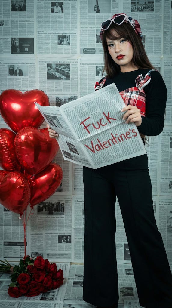 Woman reading a newspaper with 'Valentine's' protest, surrounded by red balloons.