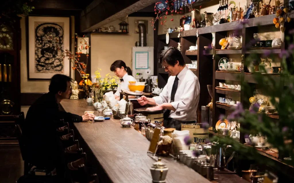 Japanese kissaten vintage coffee house with dark wood interior